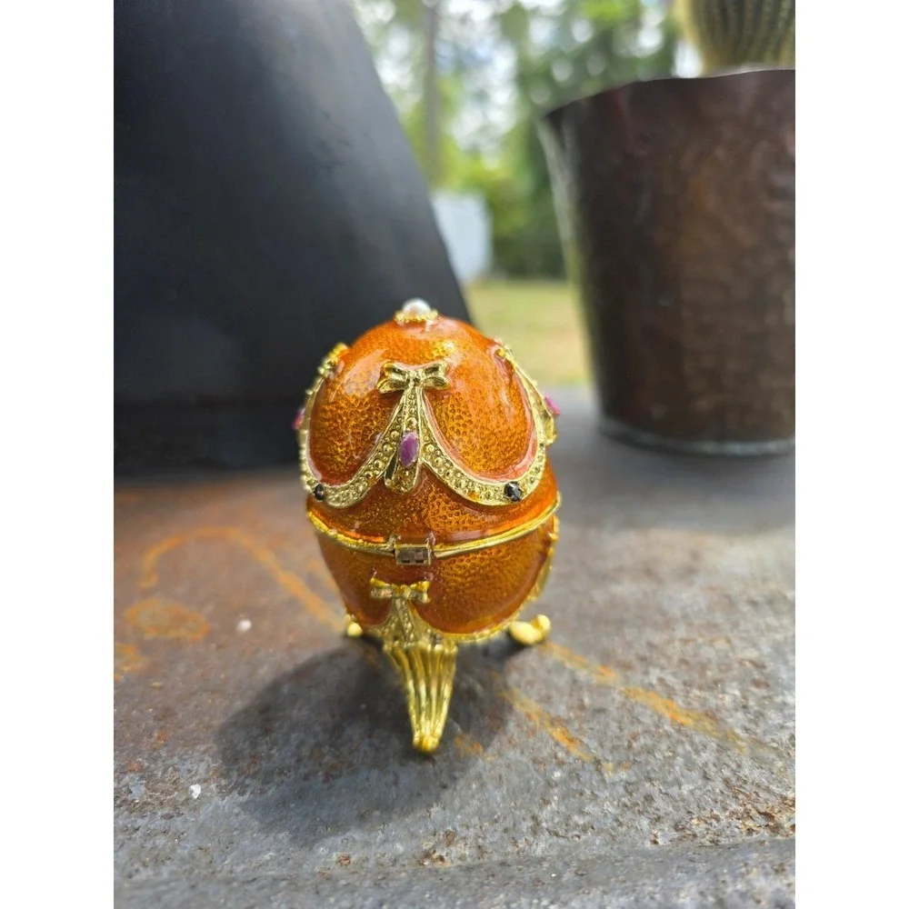 VTG Musical Jeweled Egg‎ Trinket Box Faberge Egg-style Farmer In Dell Gold READ